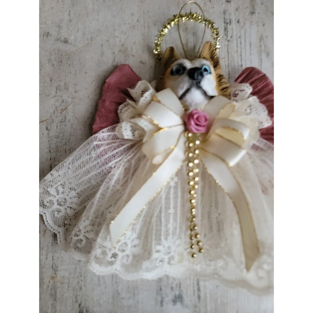 vintage husky dog puppy angel religious ornament lace Xmas home